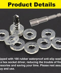 Self Drilling Screws For Metal With Hex Washer Head, Size Eight By One And A Half Inches, 410 Stainless Steel Magnetic Built Tough Heavy Duty High Strength Self Tapping Tek Screws For HVAC Roofing Wood To Steel With Waterproof Washers displayed with waterproof washers and hex socket driver.