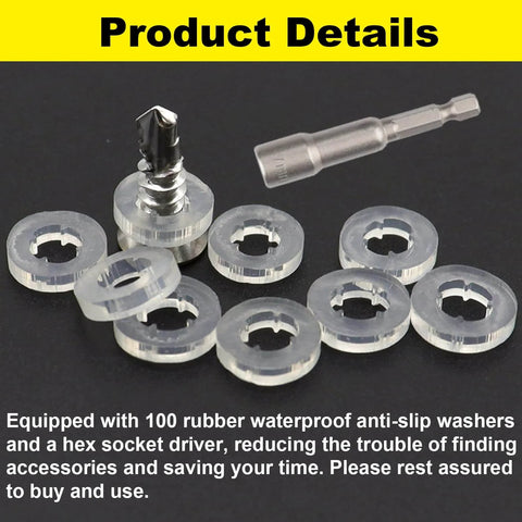 Self Drilling Screws For Metal With Hex Washer Head, Size Eight By One And A Half Inches, 410 Stainless Steel Magnetic Built Tough Heavy Duty High Strength Self Tapping Tek Screws For HVAC Roofing Wood To Steel With Waterproof Washers displayed with waterproof washers and hex socket driver.