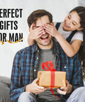 Child surprising a man with a gift in a living room, labeled as 'Perfect Gifts for Man', highlighting joy and family moments.