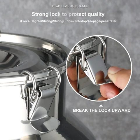 Heavy Duty 304 Stainless Steel Storage Bucket With Secure Airtight Lids For Bulk Rice Grains Coffee Beans Dog Food And Liquids Commercial Grade Kitchen Setup Hella Tough 16.9 Gallon Capacity No Mess - Close-up of secure locking mechanism.