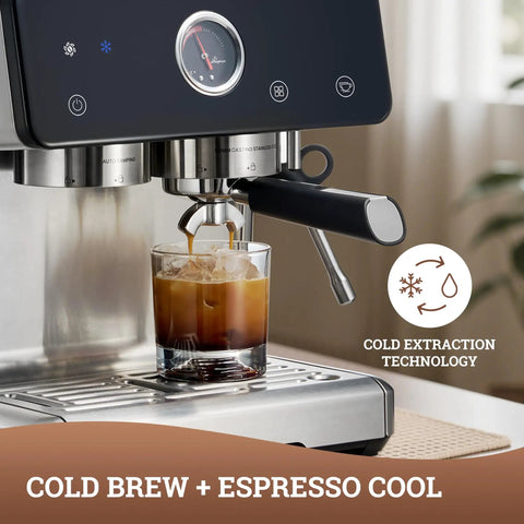 One Touch Auto Grind Espresso Machine With Smart Dosing And Brushed Stainless Steel Finish Designed For Next Level Home Barista Coffee That Actually Hits Different, brewing iced coffee.