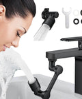 Ultra Versatile 1440 Degree Rotating Faucet Extender For Kitchen And Bath, woman washing face, extension kit parts displayed