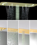 Slick 28 Inch Ceiling Rainfall Shower Panel With Bright Led Display And Six Dual Mode Body Jets Complete Brushed Gold Bathware Kit in action.