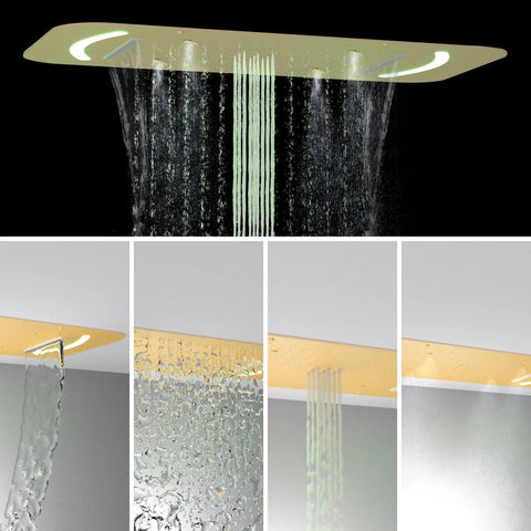 Slick 28 Inch Ceiling Rainfall Shower Panel With Bright Led Display And Six Dual Mode Body Jets Complete Brushed Gold Bathware Kit in action.
