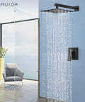 Rain Shower System With 10 Inch Dope Matte Black Finish Wall Mount Head SUS304 Stainless Steel Shower Faucet Set in use