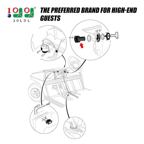 Diagram showing installation of Two Pin Ignition Switch For Club Car DS Golf Carts 36V To 48V Replacement Part 101826201.