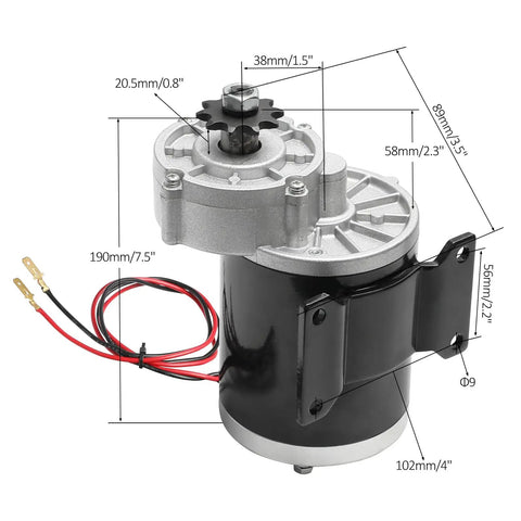 Heavy Duty 24V 450W Brushed Gear Motor Kit With Controller 60 To 1 Reduction Throttle And Brake Levers - Detailed dimensions and design.