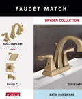 Dryden Collection bronze faucet with square handles and sleek spout, matching bath hardware displayed on tile background.