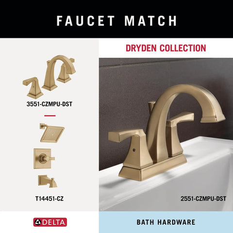 Dryden Collection bronze faucet with square handles and sleek spout, matching bath hardware displayed on tile background.