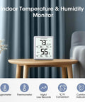 Indoor Hygrometer And Thermometer With Crazy Fast 5 Second Refresh High Accuracy Humidity And Temperature Meter 3.4 Inch LCD Display White Room Monitor For Home Office on side table