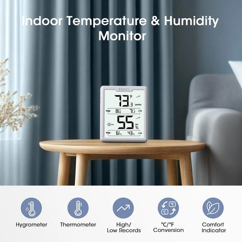 Indoor Hygrometer And Thermometer With Crazy Fast 5 Second Refresh High Accuracy Humidity And Temperature Meter 3.4 Inch LCD Display White Room Monitor For Home Office on side table