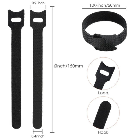 Six Inch Reusable Cable Ties Set With 120 Pieces For Wire And Cord Organization Adjustable Hook And Loop Ties shown with dimensions.
