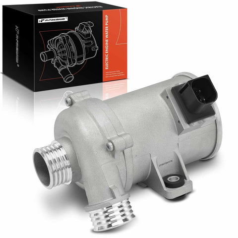 4 Pins Engine Electric Water Pump for BMW 2.0L Vehicles with aluminum housing next to product box