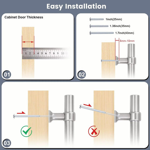 Installation guide for 5 Pack 3 Inch Brushed Nickel Cabinet Pulls Stainless Steel T Bar Handles With Solid Zinc Alloy Base.