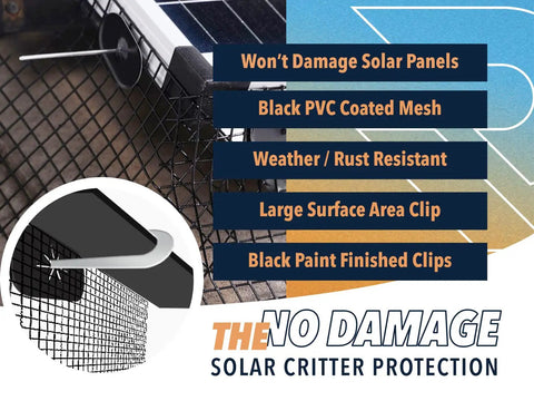 Premium Solar Panel Bird And Critter Proof Mesh Roll With Sixty Fastening Clips To Keep Nasty Animals Off Your Roof showing black wire mesh and clips.