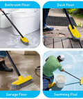 Cleaning bathroom, deck, garage, and pool with Long Handle Deck Brush With 50 Inch Reach For Shower And Outdoor Cleaning.