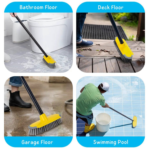 Cleaning bathroom, deck, garage, and pool with Long Handle Deck Brush With 50 Inch Reach For Shower And Outdoor Cleaning.