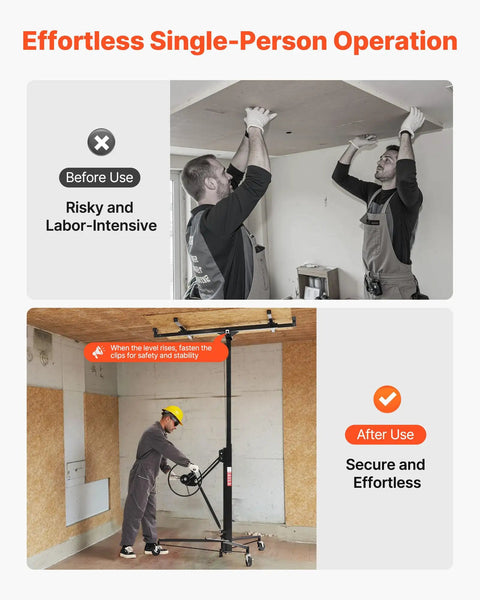 VEVOR 11ft Drywall Lift Heavy Duty 150 Lbs Sheetrock Hoist shown in use for single-person ceiling installation.