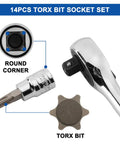 Close-up of 14 Piece Torx Bit Socket Set With One Quarter Inch Drive Three Eighths Inch Drive And One Half Inch Drive round corner feature