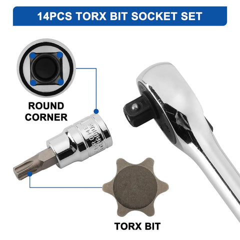 Close-up of 14 Piece Torx Bit Socket Set With One Quarter Inch Drive Three Eighths Inch Drive And One Half Inch Drive round corner feature