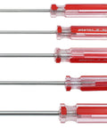 Premium Five Piece Metric Spanner Screwdriver Set With Strong Magnetic Tips And Ergonomic Handle showing red handled screwdrivers.