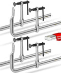 Beefy 12 Inch Heavy Duty Bar Clamps Set Four Pack Drop Forged Steel F Clamps With Thick Rail 1200 Pound Load Capacity shown with a thicker shaft