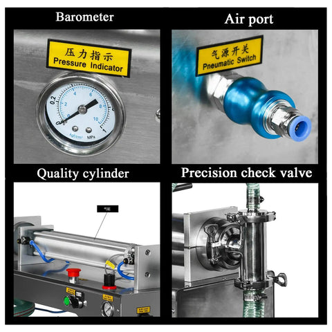 Heavy Duty Automatic Liquid Filling Machine control panel featuring barometer, air port, quality cylinder, and precision check valve.