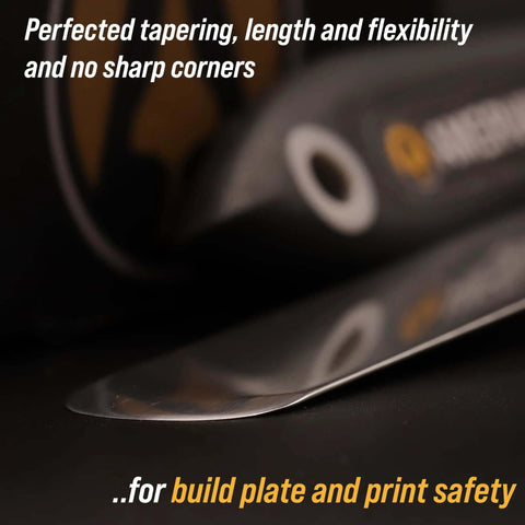 Close-up of Durable 3D Print Removal Tool Kit with Pro Grade Comfort Grips and Hardened Blades showing knife edge for print safety.