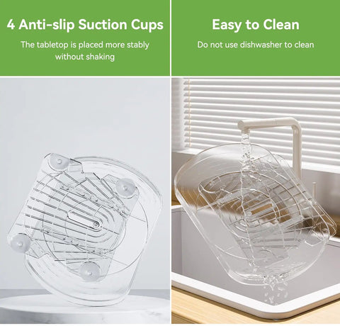 Close-up of the 360 Degree Spinning Clear Lazy Susan Turntable For Fridge And Pantry showing anti-slip suction cups.