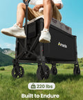 Heavy Duty Foldable Wagon Cart With Wheels, 120L Capacity, 220 Lbs Load shown with person sitting on it outdoors