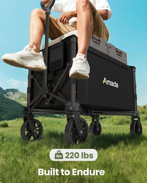 Heavy Duty Foldable Wagon Cart With Wheels, 120L Capacity, 220 Lbs Load shown with person sitting on it outdoors