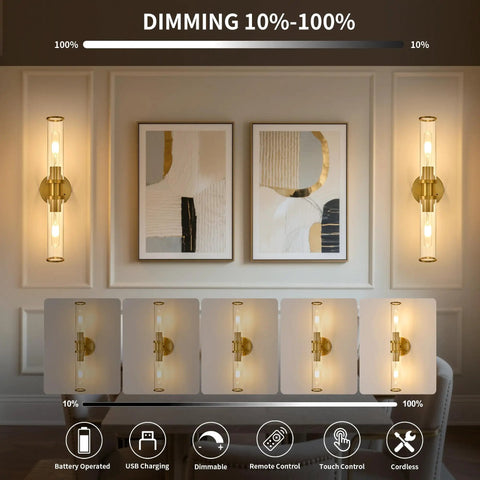 Battery Operated Wireless Wall Sconces With Remote 2 Pack Gold Dimmable Glass Wall Lights With Timer 3000K Warm White