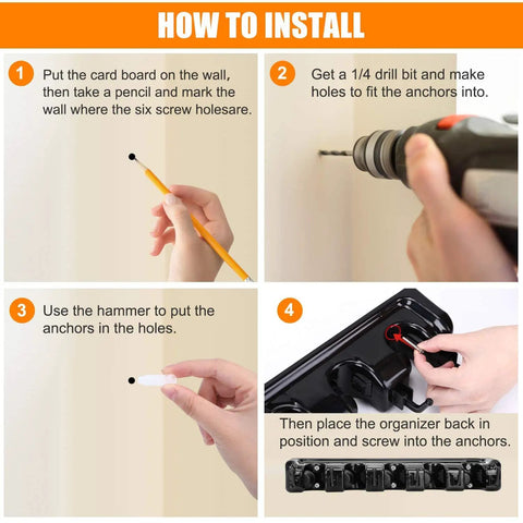 Step-by-step installation guide for Wall Mounted Mop And Broom Holder Organizer Rack with drill and hammer instructions