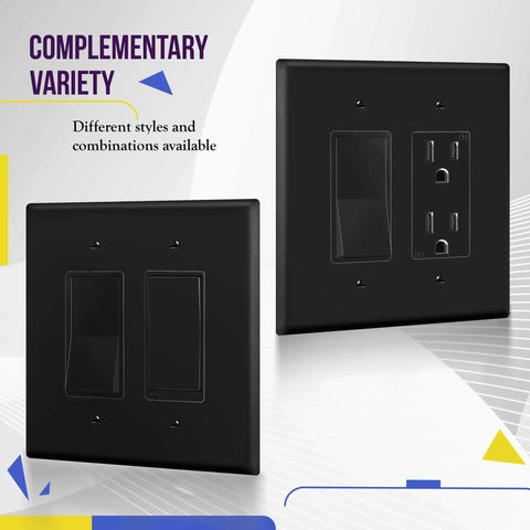 Decorator Two-Gang Wall Plate For Light Switch Or Receptacle Black Unbreakable Polycarbonate Thermoplastic UL Listed 8832 BK