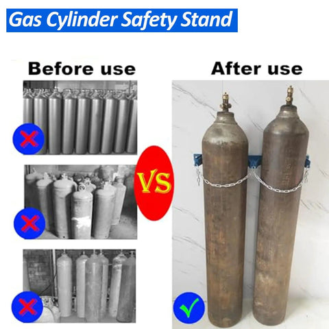 Heavy Duty Gas Bottle Wall Mount Bracket For Propane Oxygen Nitrogen And Argon Cylinders Portable Cylinder Holder With Adjustable Safety Chain Screws Included 2 Pack Garage Ready Storage Solution For Home Workshop before and after use comparison