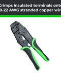 Workhorse Heavy Duty Ratcheting Wire Crimper For Stranded Copper Cable with green ergonomic handles and crimping mechanism.