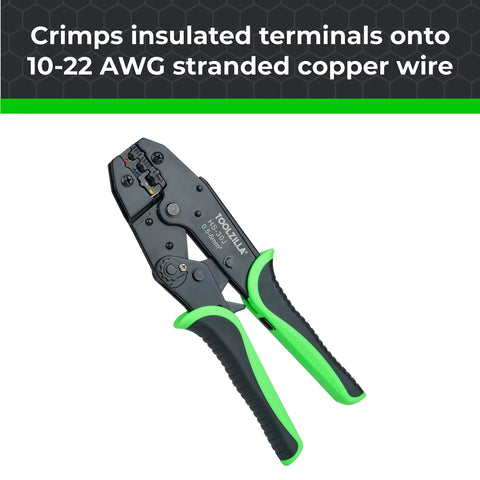 Workhorse Heavy Duty Ratcheting Wire Crimper For Stranded Copper Cable with green ergonomic handles and crimping mechanism.