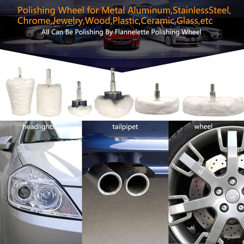 Six white buffing wheels with metal shanks for drill polishing; suitable for metal, wood, plastic and glass.