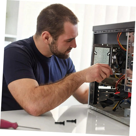 Person installing Twenty Piece Rock Solid Anti Vibration Fan Dampener Pins For PC Case Rig Setup Ultra Quiet Shock Absorbing Mount Hardware.