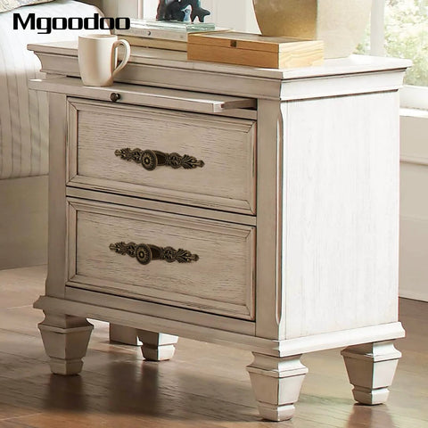 Wooden nightstand with vintage cabinet pulls set of 5 in antique bronze ideal for kitchen cabinets cupboards and closets.