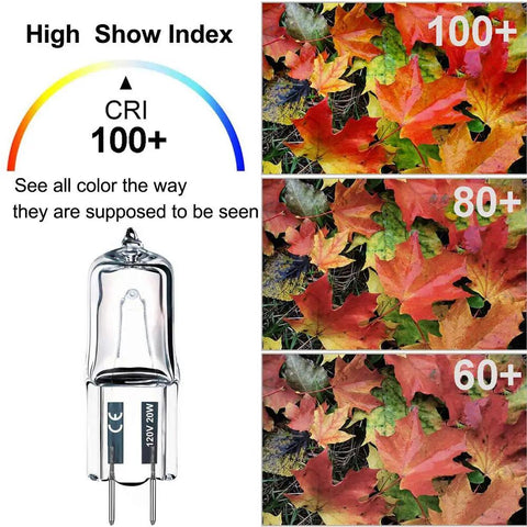 G8 Halogen Bulbs 10 Pack, 20W 120V Bi Pin Xenon JCD Type, CRI 100+ Color Rendering with leaf comparison chart