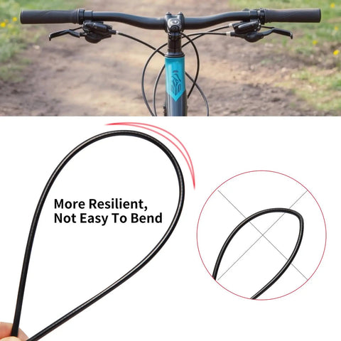 Heavy Duty Brake Cable Housing For Mountain And Road Bikes Lined 5mm By 3 Meters Black Durable Rubber Outer shown with bike handlebars