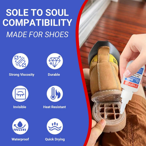 Heavy Duty Shoe Glue For Sole Repair That Delivers A Super Strong Bond For Rubber Boots Sneakers Leather Sandals And High Heels being applied to a boot sole.