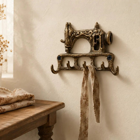 Slick Vintage Cast Iron Sewing Machine Wall Hook Rock Solid For Hanging Coats And Everyday Keys with rustic ribbon.
