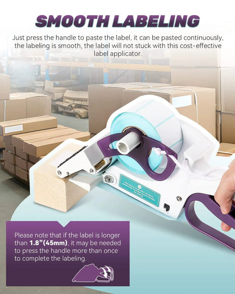 Portable Handheld Label Applicator Gun For Barcodes And Stickers, detail view with handle in use for smooth labeling.