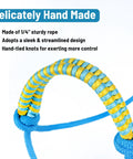 Close-up of Lightweight Horse Rope Training Halter With Continuous Rope Reins No Breakable Hardware, blue and yellow hand-tied design.