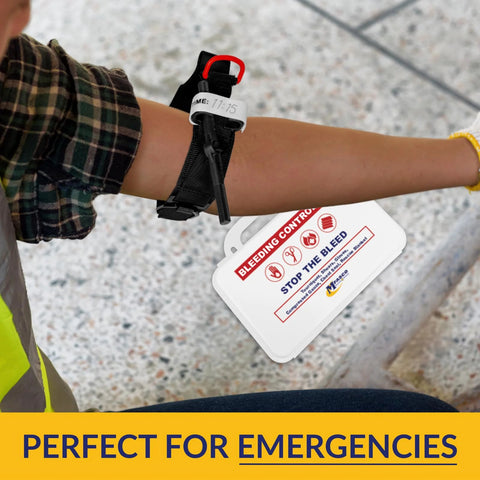 MFASCO Stop The Bleed 10-piece bleeding control kit with tourniquet, shown on forearm with white packaging tag