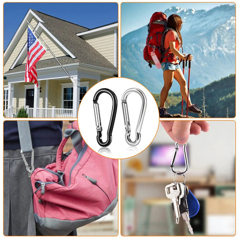 Rock Solid Heavy Duty Aluminum Carabiner Clip Set For Flagpole Swivel Ring Replacement Spring Snap Hooks To Secure Grommeted Flags Fast On Any Standard Pole Hardware In Polished Silver used in different settings.