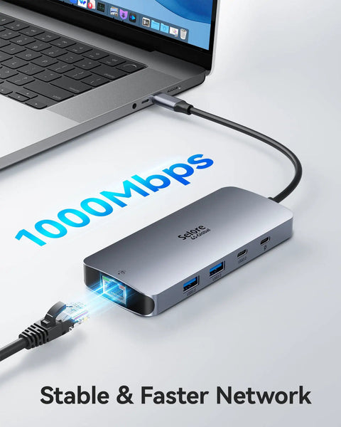 Triple 4K USB C Docking Station With Dual HDMI And DisplayPort, 1Gbps Ethernet, 100W PD, USB 3.0 Hub For Laptops connected to a laptop