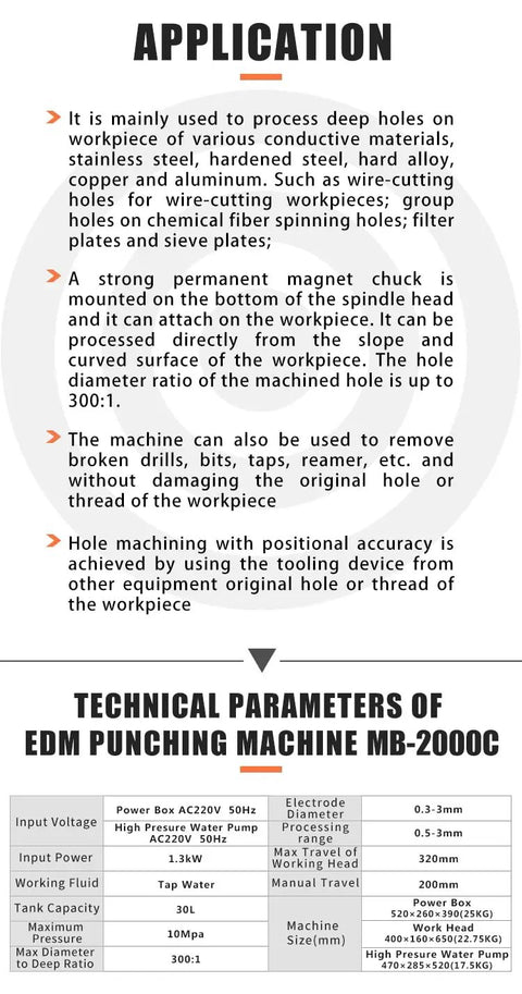 Application and technical parameters of EDM punching machine MB-2000C for deep hole processing